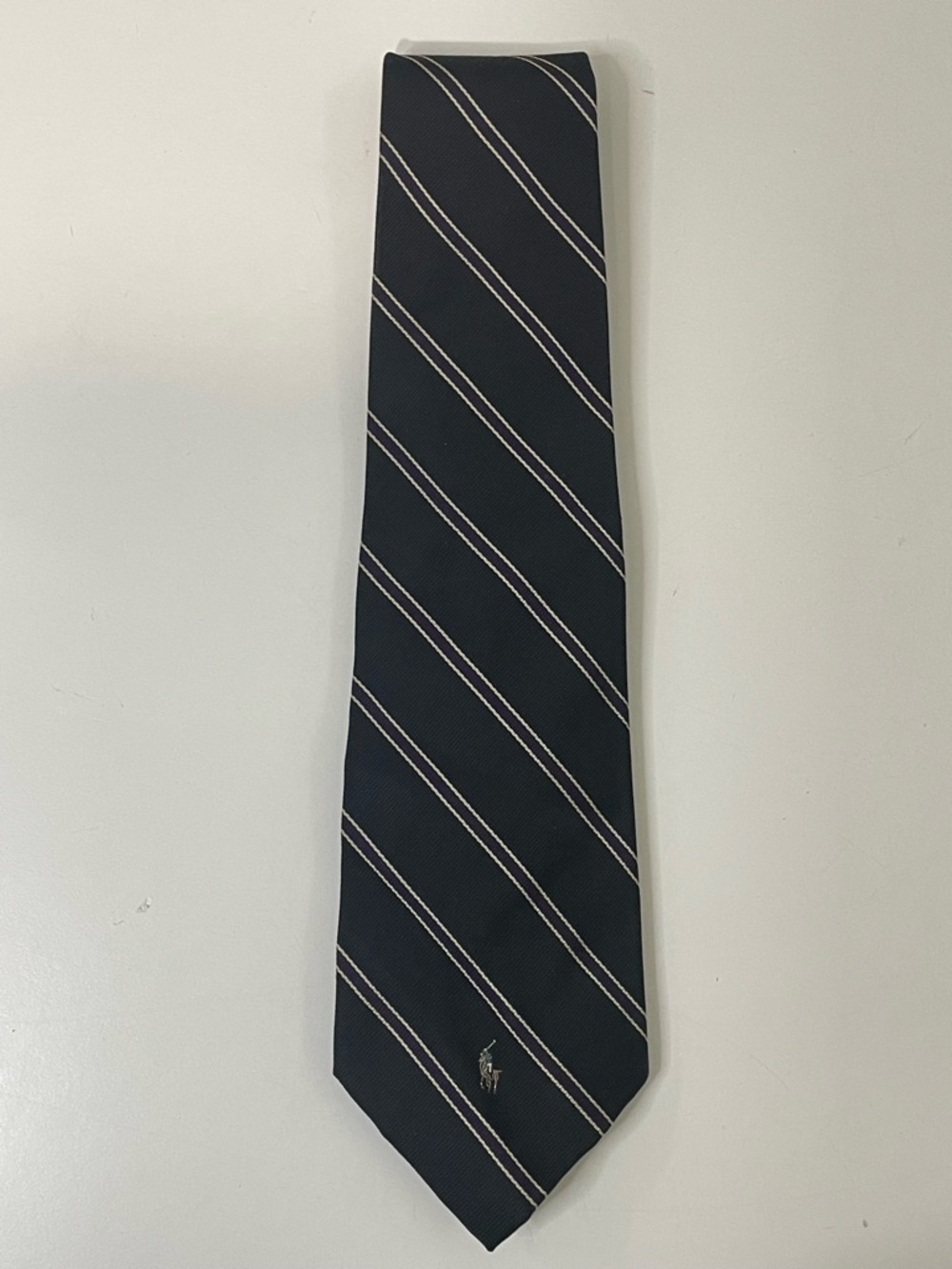 Polo By Ralph Lauren Navy & White Repp Stripe White Blue Pony 100% Silk Tie USA